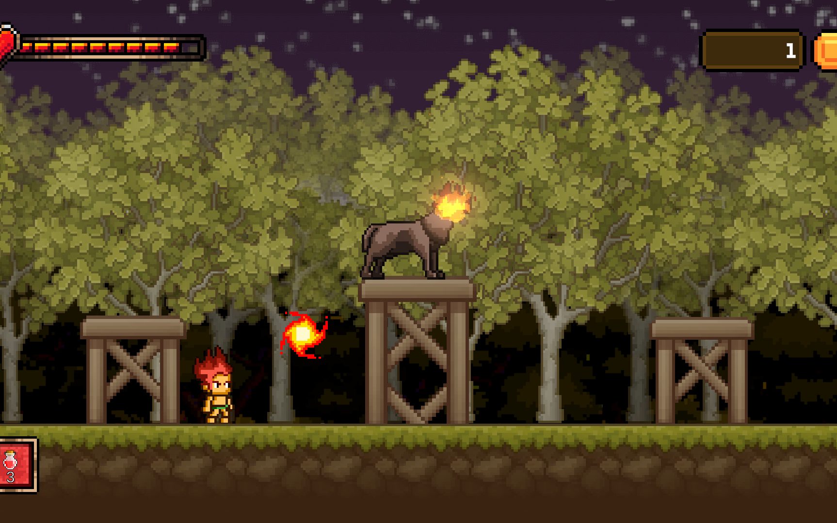 Fire spirit on a wooden tower in the forest