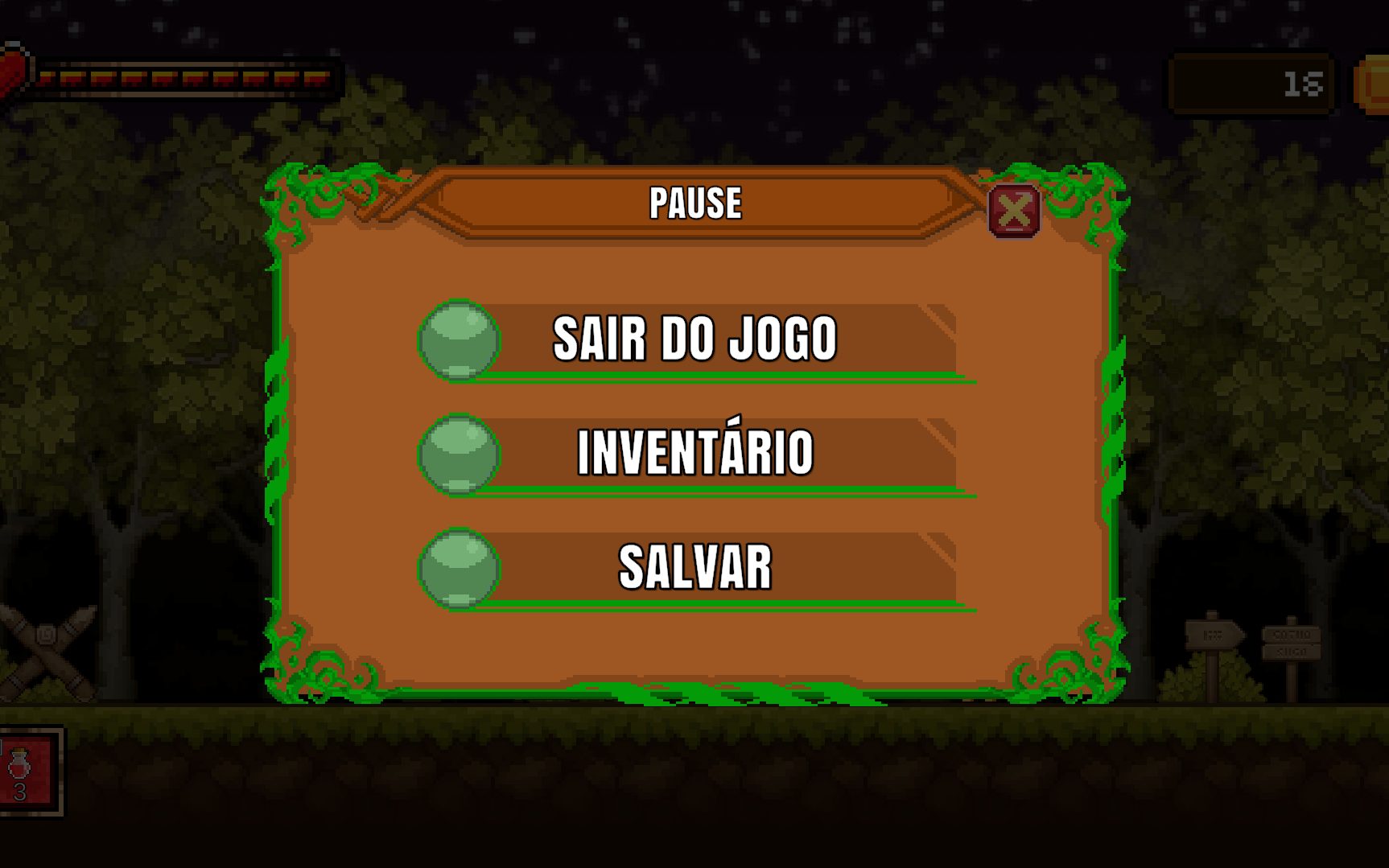 Pause menu with inventory and save