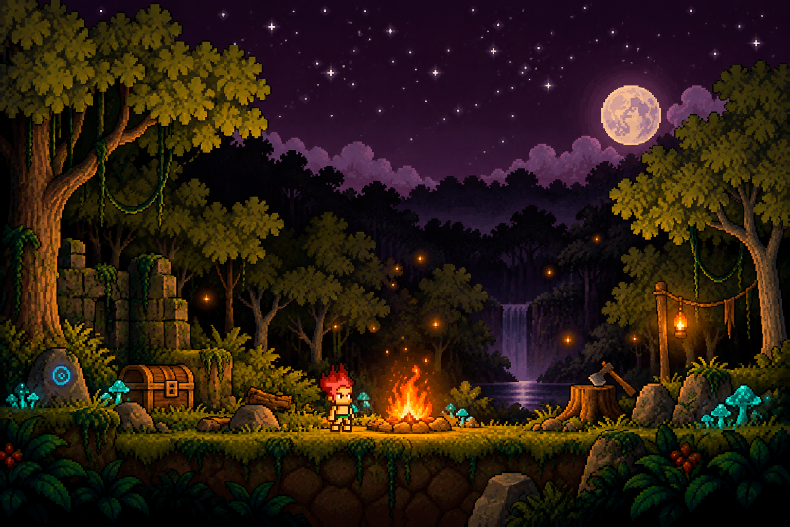 Night forest with the player and a campfire