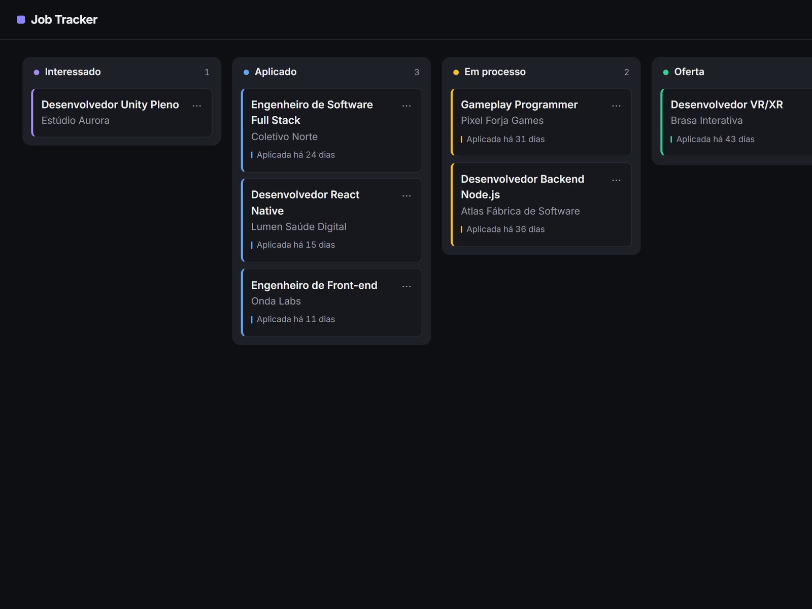 Kanban board in the dark theme