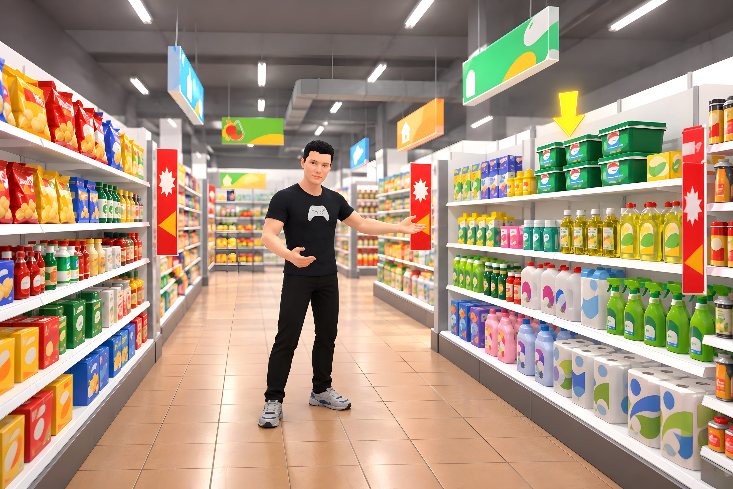 The guide NPC leading the route through the supermarket aisles
